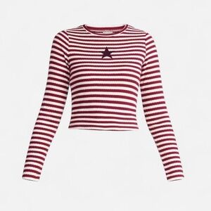 Y2K Red & White Embroidered Star Shirt, Striped Crop Top, Long Sleeved Shirt